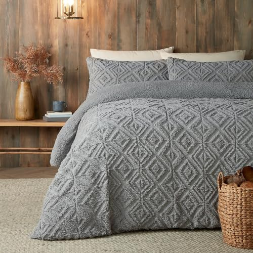 Fusion - Funda de edredón de Forro Polar Gris de Peluche tamaño King (230 x 220 cm) - Diseño Reversible - Funda de edredón Jacquard Gris Oscuro - Ropa de Cama geométrica Cuadrada capitoné - Forro