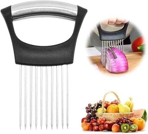 2024 Supporto per cipolle migliorato per tagliare, nuovo porta fette di cipolla in acciaio inox, tagliaslimone, tagliaverdure per carne, cipolle, patate, pomodori (1 pezzo)
