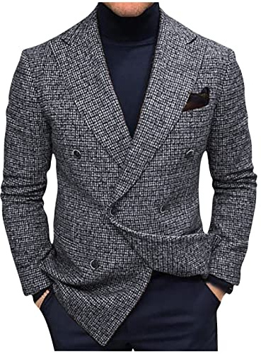 Men's Blazers, Tweed Jacket for Men Casual Double Breasted Blazer Jacket Vintage Formal Suit Jackets Regular Fit Long Sleeves Smart Suit Blazer for Wedding Business Gray