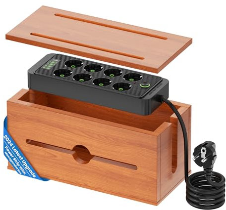 Kabelbox i trä med grenuttag, laddningsstationsorganisatör med 8 uttag 4 USB & 1 typ C snabbladdning, överspänningsskydd med 200 cm förlängningskabel för kontor, hem (färg A)