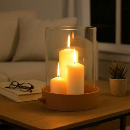 Glass and Terracotta Hurricane Candle Holder – Lanterns for Pillar Candles, Tabletop Or Mantel Display in Living Room Or Dining Room, Minimalist Modern Home Decor Accent – 12, Brown