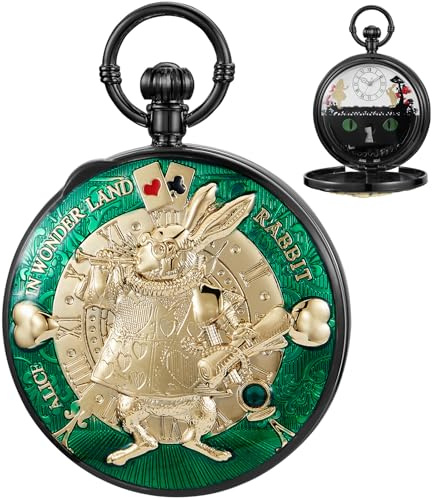 Tiong Black Pocket Watch Music Box Hand Crank Playing Music Watch with Chain Unique Quartz Pocket Watches for Women Girl's