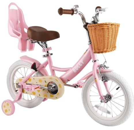 RULLY Lemon Kids Bike 14 Inch Bicycle for Girls Ages 3 4 5 Years, Training Wheels Included, Girl Bikes with Basket & Doll Seat,Pink
