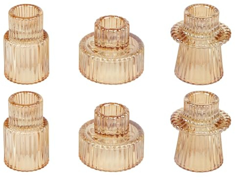 Cnwinu Lot de 6 photophores en verre 2 en 1 transparents pour bougies à tige, petits bougeoirs pour décoration de table de mariage, fête à manger, Noël, l'Avent (ambre)