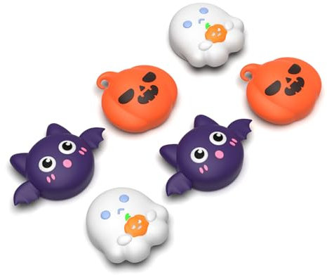 PlayVital Capuchon Joystick Silicone pour Switch 2 Joycon Cover Stick Analogique,Thumb Grips Caps pour Nintendo Switch 2 Manette-Chauve-Souris Citrouille & Fantôme Effrayant d'halloween，6PCS