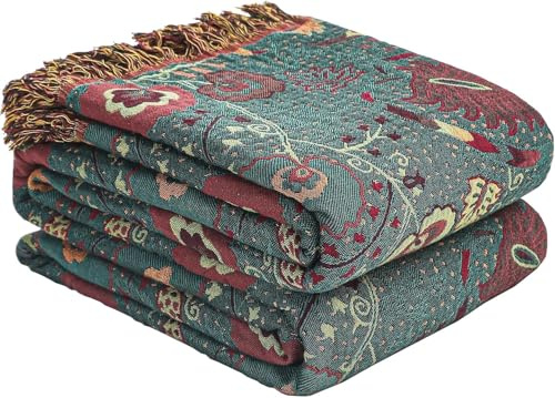 Coperta da letto in cotone in stile bohémien con motivo floreale di anemone verde scuro e design con nappe - Trapunta rustica ultra morbida per arredamento farmhouse, divano, poltrona, sedia, camper