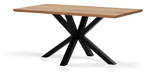 KHG Esstisch 160 x 90 cm Küchentisch aus massiver Eiche geölt - Schweizer Kante, Sterngestell Metall schwarz, Industrial Design, Tisch für 6-8 Personen, belastbar bis 50 kg