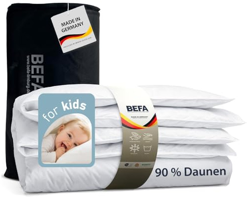 BEFA NATUR Barnsängsset lätt filt 100 x 135 cm + kudde 40 x 60 cm | 90 % anddun och 10 % fjädrar | 250 g + 70 g fyllvikt | lämplig för allergiker (NOMITE) | DOWNPASS | Oeko-TEX klass 1 | Tillverkad i