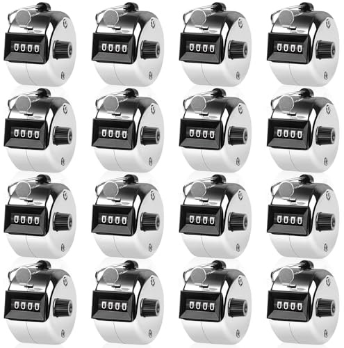 Leikurvo Lot de 16 compteurs manuels en métal à 4 chiffres pour compteur de personnes, compteurs de quantité, compteur de tours à tricoter, compteur de doigts, golf et compteur de rangs, argent