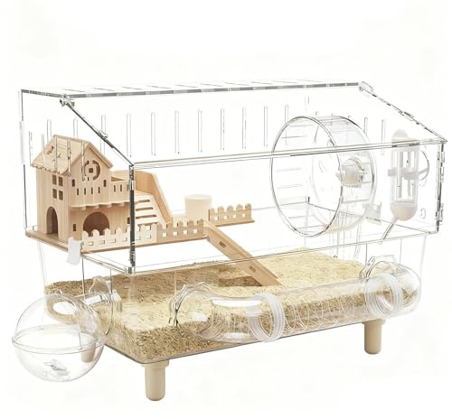 Hamsterkäfig, 2 Etagen Ransparenter Acryl Rattenkäfig Mit Laufrad, Futternapf Und Wasserspender, Pflegeleicht & Stabil, Für Rennmäuse, Mäuse, Zwerghamster (45 X 28 X 34cm)
