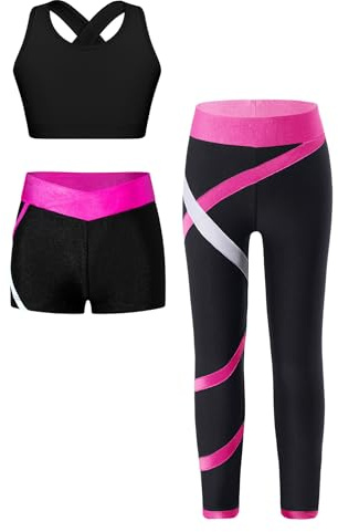Alvivi Conjunto Chandal Corto Niña de Tres Piezas con Crop Top Deporte y Pantalones Cortos y Leggings Largos de Elásticos Ropa Entrenamiento Gimnasia Deportiva Rosa Caliente A 9-10 años