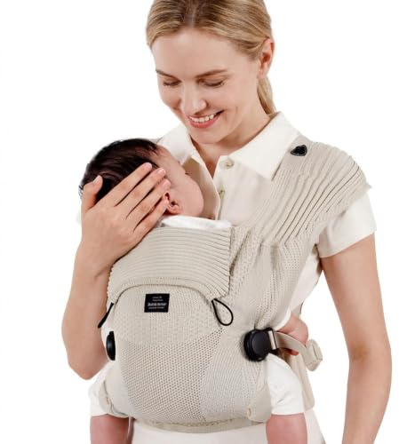 Bebamour Knit Baby Carrier,Cozy and Lightweight Carrier for 4-24 Months,Ergonomic Baby Carrier with Head Hood, Khaki