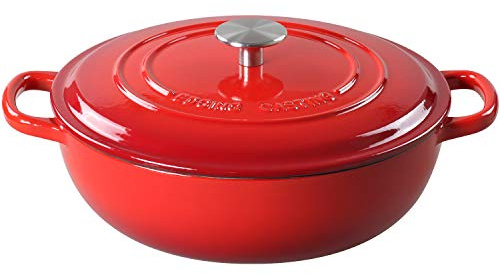 EDGING CASTING Enameled Cast Iron Dutch Oven Shallow Casserole Braiser with Dual Handle, 3.8 QT, Red