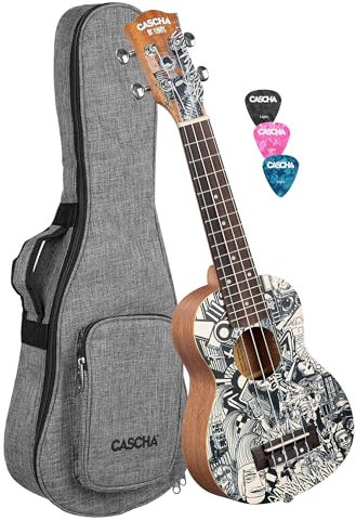 Cascha Sopran Ukulele Set - Art Series I Ukulele Starter Kit mit 3 farbigen Plektren & Tasche I Sopran Ukulele Premium Mahagoni I Kleine Hawaii Gitarre für Anfänger & Fortgeschrittene