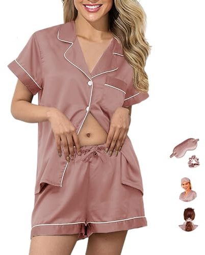 Y WJing Yi Jia Womens Pyjama Sets XS-4XL Silk Satin Pyjamas Set Floral 2Pcs Pj Sets Button Down Pjs Set Sleepwear Loungewear