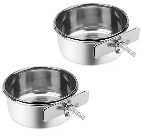 Wontee Pet Food Water Bowl with Clamp Holder Stainless Steel Feeding Cups Feeder for Dog Bird Parrot Cat Rabbit, 2 Packs (S)