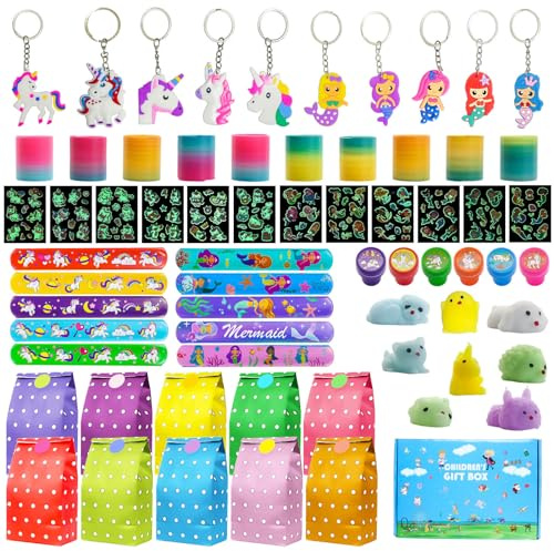 Mitgebsel Kindergeburtstag Set, Gastgeschenke Kinder Einhorn Deko Meerjungfrau Party, Give Aways Kindergeburtstag Einhorn Stempel Tattoos Geschenktüten Schnapparmband Spiralen Geschenk Mädchen