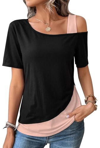 ZASFOU Femme Manches Courtes Tee Shirt Été Épaules Dénudées Tunique Top Chic Haut Blouse Élégant Chemise Cadeau