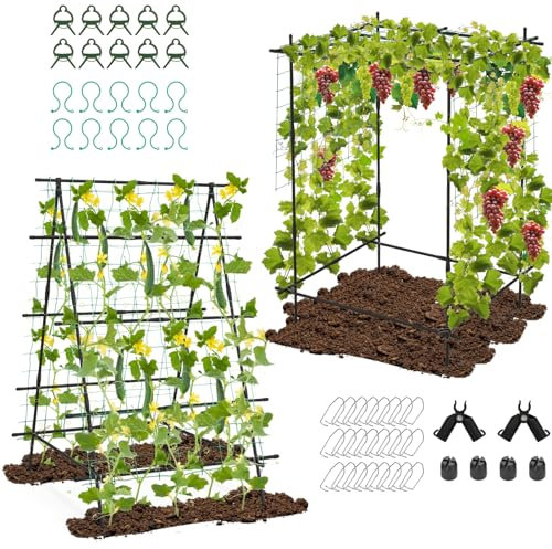 GiantexUK Garden Cucumber Trellis, A-Frame Plant Support Stand with Netting & Clips, Outdoor Rustproof Climbing Plants Vegetables Flowers Tomato Garden Trellis (41x59Inch)