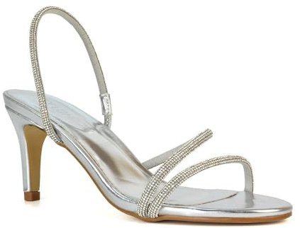 ESSEX GLAM Women's Diamante Heeled Sandals Ladies Silver Metallic Strappy Stiletto Low Mid Heel Bridal Party Shoes Size 5