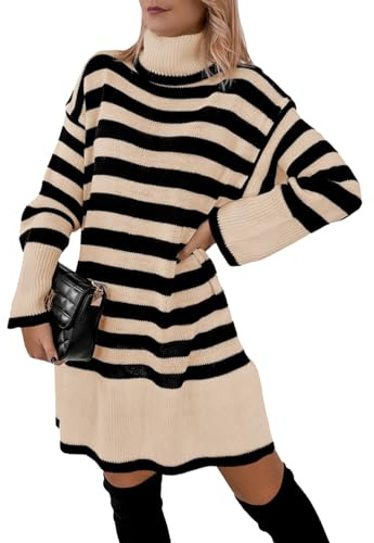 Imily Bela Vestido de punto para mujer, a rayas, cuello alto, vestido tipo jersey, manga larga, elegante, para invierno, largo hasta la rodilla, suelto, beige, S
