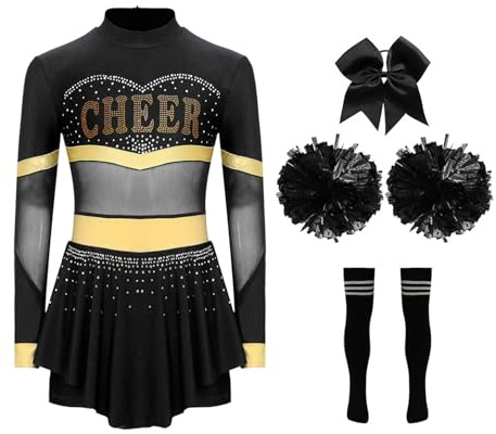 Miutii 4er Set Mädchen Cheer Leader Kostüm Cheerleading Uniform Langarm Kleid mit Pompoms Socken Haarband Halloween Karneval Faschingskostüm A Schwarz&Schwarz 146-152