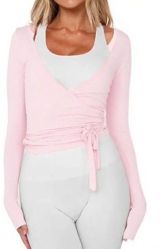 Damen-Ballett-Wickel-Top, langärmelig, zum Binden vorne, für Workout, Pilates, Yoga, Y2K, Feen-Kokett-Shirt, zum Ausgehen, Rosa Slim Fit, Groß
