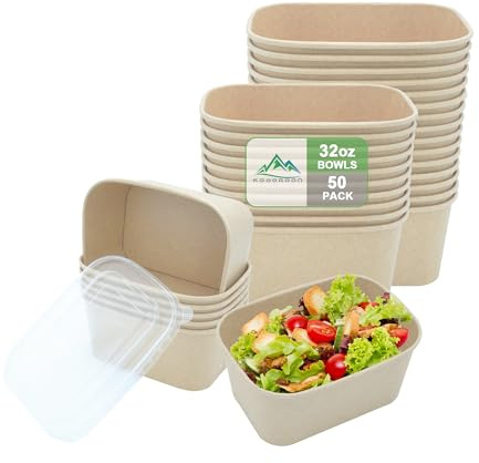 Kaderron 50 Pack 32 OZ Large Paper Bowls with Lids, Heavy Duty Disposable Compostable Container for Party, Disposable Bowls Bulk Soak-Proof and Microwave Safe for Hot/Cold Use(32OZ-50PACK)