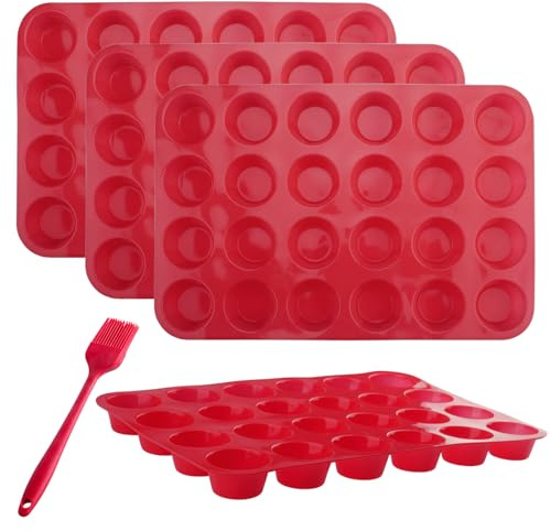 Velicber 4 Piezas Mini Magdalenas de Silicona, Antiadherente Moldes Magdalenas Silicona para 24 Muffins, con Cepillo para Aceite, sin BPA y Apto para Lavavajillas, para Muffins, Cupcake, Brownie(rojo)