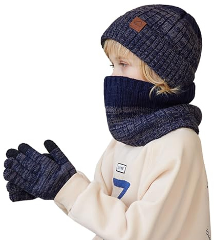 Generisch Ensemble bonnet, écharpe et mitaines pour enfants jusqu'à 10 ans - Ensemble trois pièces avec protection thermique pour les oreilles, bonnet en laine chaud et tricoté pour grands enfants