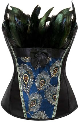 Generico Donna Bustino Corsetto Sexy con Ornamento di Piume di Pavone Arte Ricamo Burlesque Taglie Forti Carnevale,Bustino Shapewear Lingerie, Corpetto in Pizzo Push Up per la Vita,Vestiti per Natale