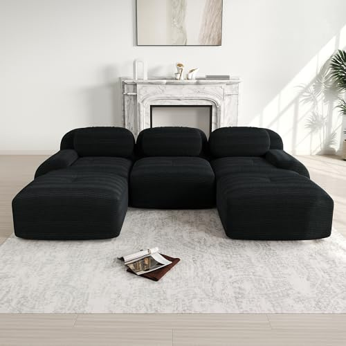 Muskel Sofá moderno de 3 plazas de pana modular en forma de U con otomano móvil, sin montaje, juego de sofás sin montar, para salón (negro, 3 plazas+2)