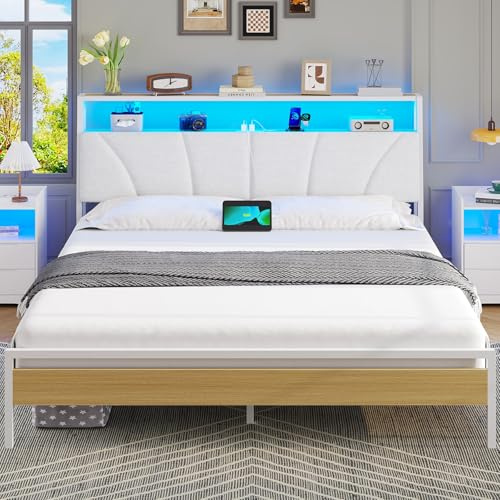 Brinlawb King Size Bed Frame with Charging Station (2 AC Sockets 1 USB‑A 1 Type‑C Port) and LED Lights, 150x200cm Stable Metal Bed Frame with Upholstered Headboard & 2-Tier Open Storage Shelves, White