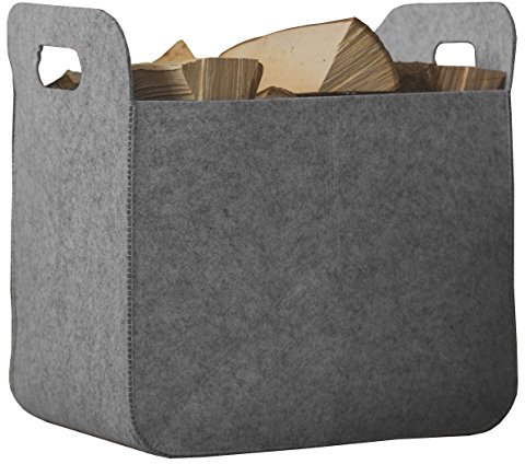 Rubberneck Panier à Bûches Carré en Feutre avec 2 Poignées - Sac de Rangement Pliable pour Bois de Cheminée, Porte-Journaux - 25 x 35 x 25 cm (Gris)