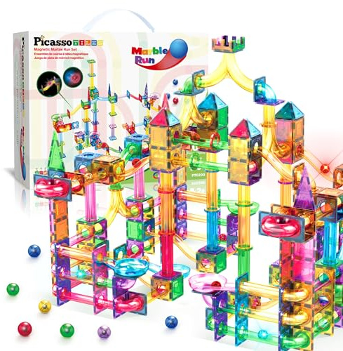 PicassoTiles 200pc Magnetic Marble Run Tiles Toy STEM Educational Race Track with Light Up Marbles Magnet Tile Building Blocks Maze Kit Sensory Pretend Play Toys for Toddlers Boys Girls Ages 3+ PTG200