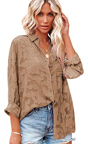 Blouse Femme Col V Manche Longue 3/4 Chemisier Dentelle Femme Chic Et Élégant Chemise Oversize Blouse Tunique Fluide Femme Grande Taille Chemisier Mousseline Manches Longues Femmes Casual Marron L