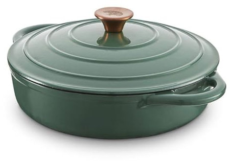 Barbary & Oak BO800253GRN Shallow Cast Iron Casserole Pan with Durable Enamel Interior, 28cm, Verdigris Green