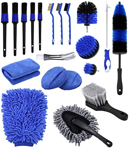 FAOKZE 20er Auto Reinigung Pinsel Set mit Detailing Bürsten Bohrbürsten Reifenbürste Felgenbürste Waschhandschuh für Car Rädern Waschen Motor Alufelge Auto Innenraum Außenraum