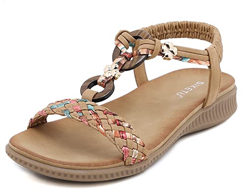 MACHSWON Sandali estivi da donna casual comodi infradito scarpe da spiaggia alla caviglia T-Strap perizoma elastico posteriore piatto sandali all'aperto per le donne, Marrone, 39 EU