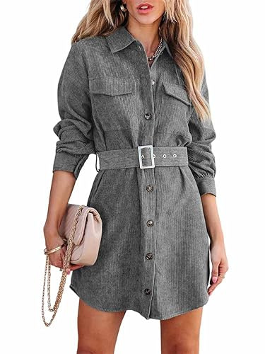 seiveini Robe Chemise en Velours Côtelé Femme Robes Tunique avec Ceinture Automne Hiver Elegante A Gris M
