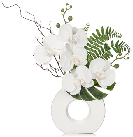 Oairse Artificial Orchid Flowers 41cm White Orchid Silk Flowers with Ceramic White Vase Faux Phalaenopsis Flower Arrangement for Home Office Kitchen Table Centerpiece Decoration
