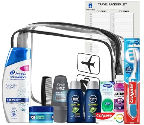 Set di articoli da toeletta da viaggio per uomo, mini kit da viaggio con elementi essenziali da viaggio, liquidi approvati dall'aeroporto e borsa da viaggio trasparente con lista di controllo Travel