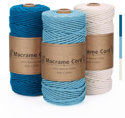 VORHOT Hilo Macrame 3mm Azul, Juego de 3 Cuerda Macrame, Cordón de Algodón Natural para Tapices, Manualidades Bricolaje, Hogar Decoración Bohemia, 3x100M
