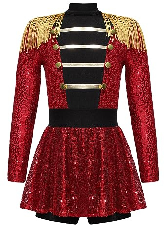 RUNQHUI Enfant Fille Justaucorps Cirque Monsieur Loyal Déguisement Ringmaster Combinaison Paillette Costume Carnaval Halloween Fête 3-16 Ans Type A Rouge 13-14 ans