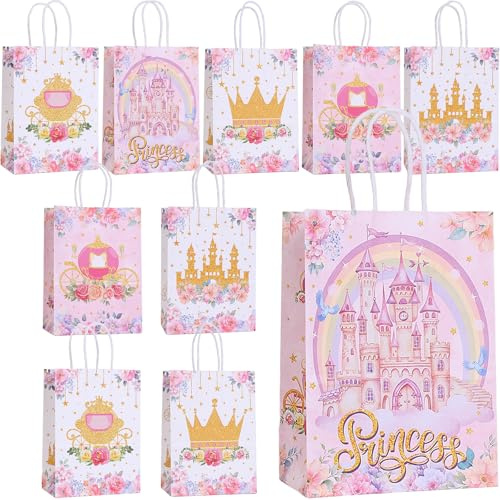 Bikasun 10 Princesses sacs cadeaux avec poignées, sacs en papier pour fête princesse, sacs à bonbons, petits cadeaux, sacs cadeaux d'anniversaire pour filles