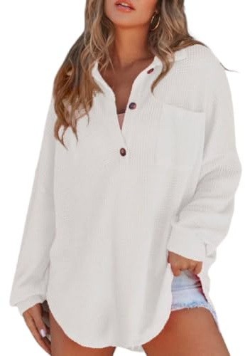 XIVISTO Jerséis Mujer Casual Sudaderas Cuello V con Vintage Talla Grande Pullover Jerseys Botones sin Capucha Manga Larga Tops