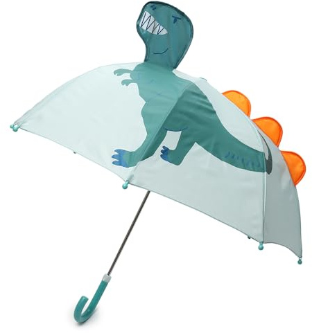 SWL Kids 3D Umbrella | Children’s Lightweight Stick Brolly with Manual Open & Close | 45 cm 8-Panel Waterproof Canopy | Plastic J Handle | 190T Taslon Fabric (GREEN DINO)