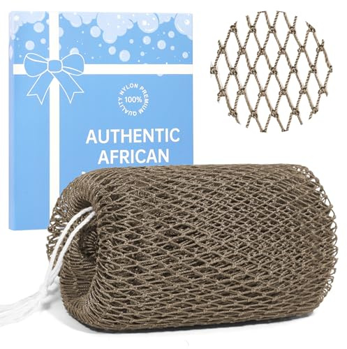 African Net Sponge Authentic with Knots - Exfoliating Bath & Body Scrubber for Deep Cleansing - Elastic Mesh, Quick Dry, Rich Lather - Long-Lasting Back and Shower Sponge for Women & Men (light brown)