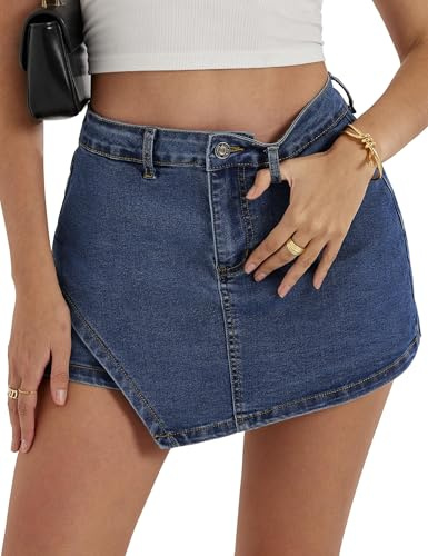 Jeanskjol dam kort hög midja mini denim kjol casual stretch minikjol trendiga jeans kjol med fickor, B-mörkblå, S