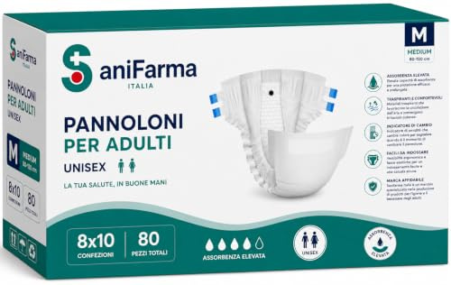 SANIFARMA 80 Pannoloni per anziani Taglia L, Super Assorbenti per Notte e Incontinenza adulti, Traspiranti, Ipoallergenici, con Adesivi di Fissaggio e Fasce Elastiche